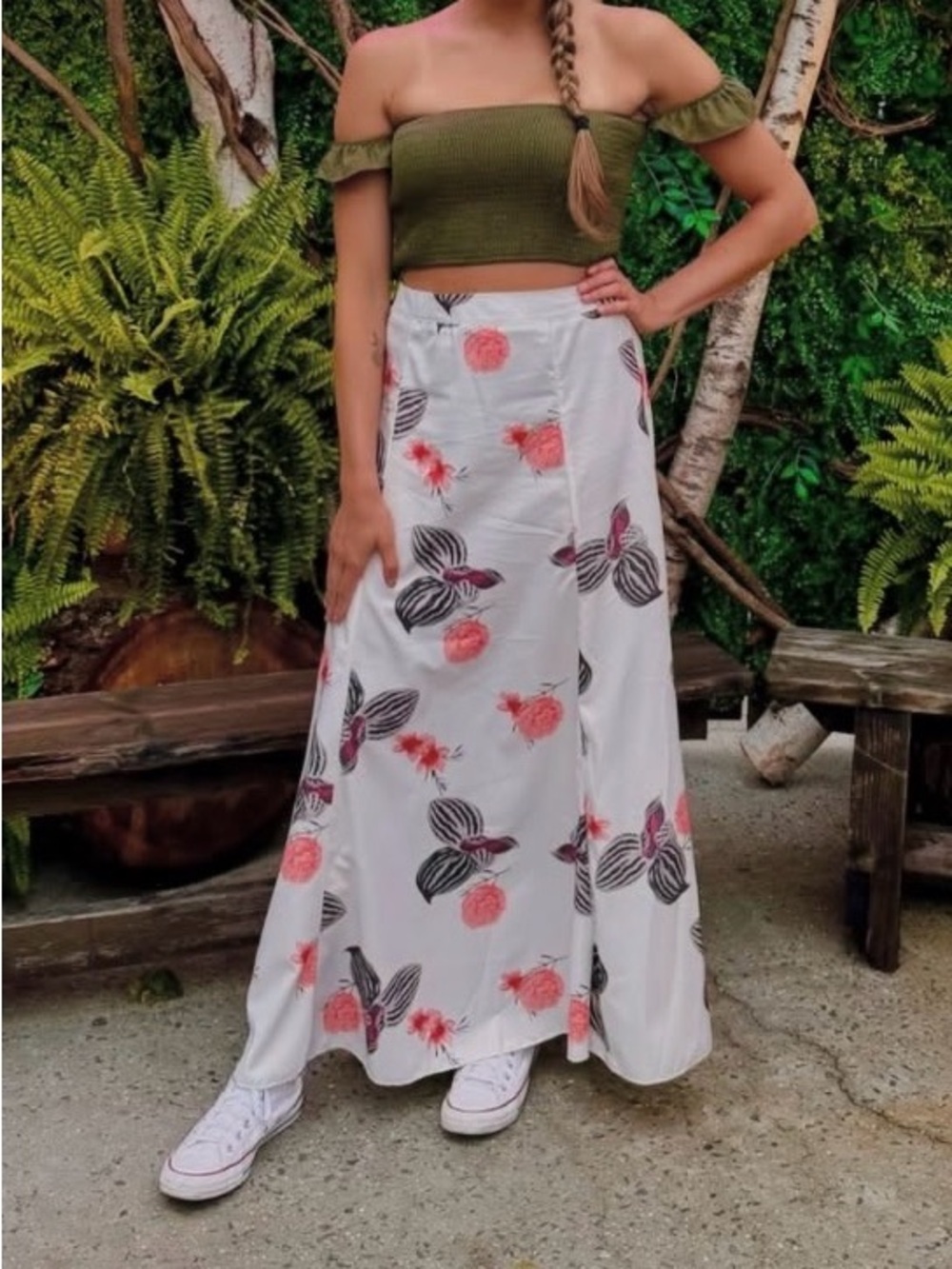 Floral green/White Maxi shirt & Skirt with Pink Bloom Print